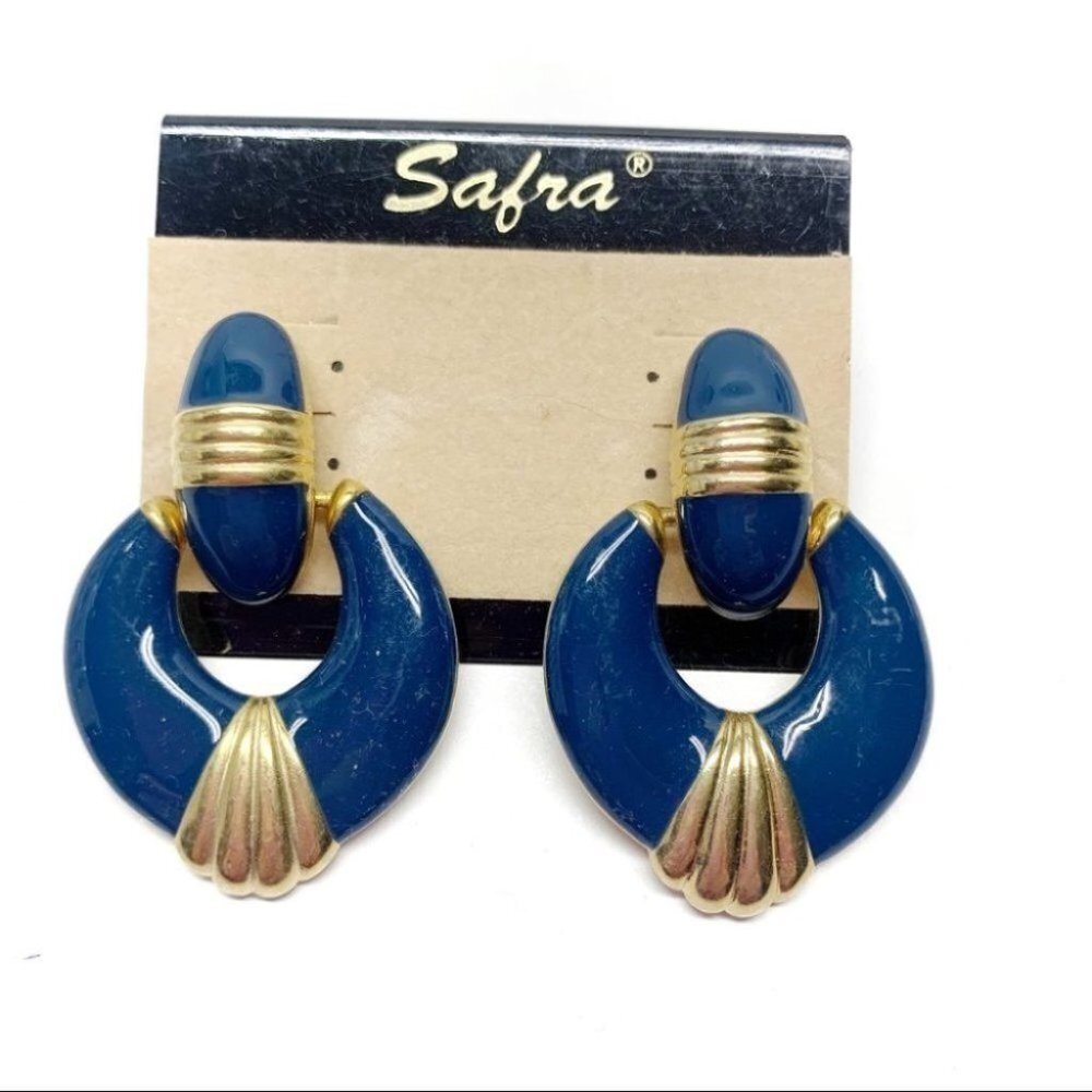 •- Safra Vintage Earrings Blue Gold Metal z50